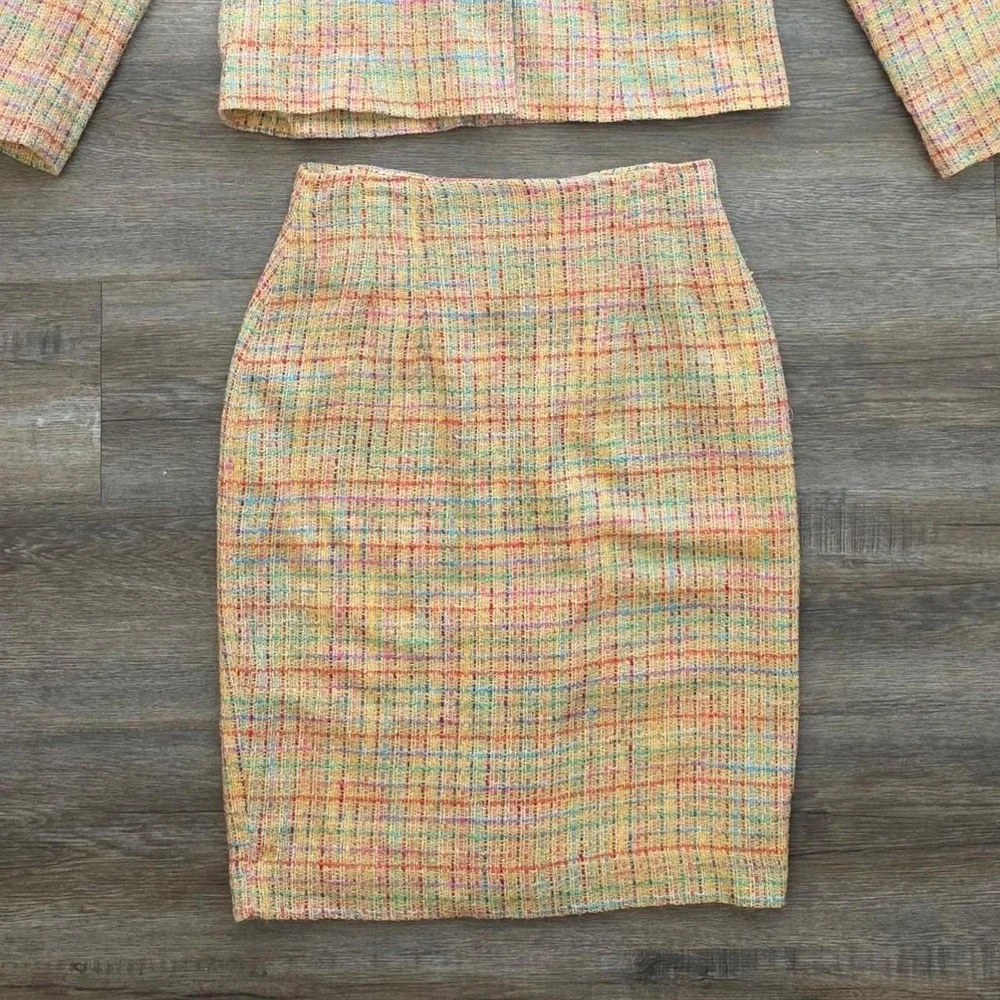 Clichy Vintage Pastel Multicolor Tweed Skirt Suit Set Yellow Pink Blue 6